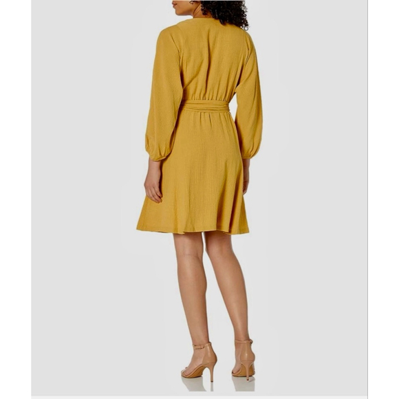 Calvin Klein Mustard Yellow Belted Wrap Dress Size 4 - Picture 2 of 11